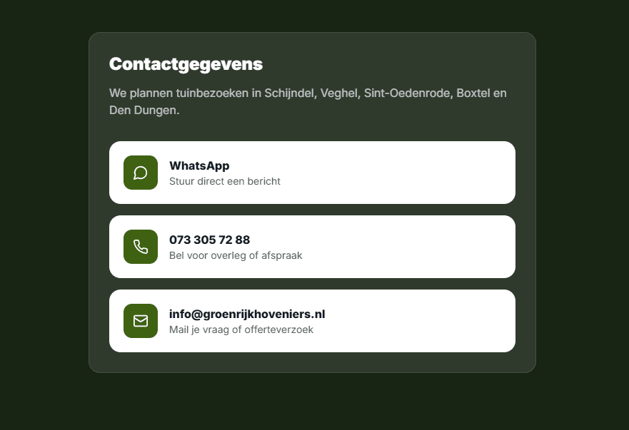 Screenshot van contactmogelijkheden op een bedrijfspagina